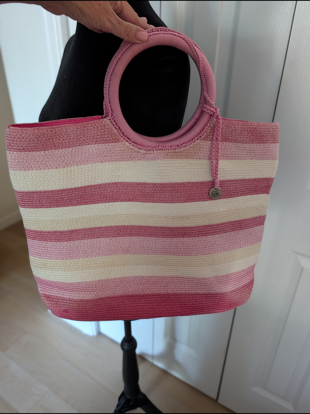 The Sak Pink & Cream Striped Round-Handle Tote